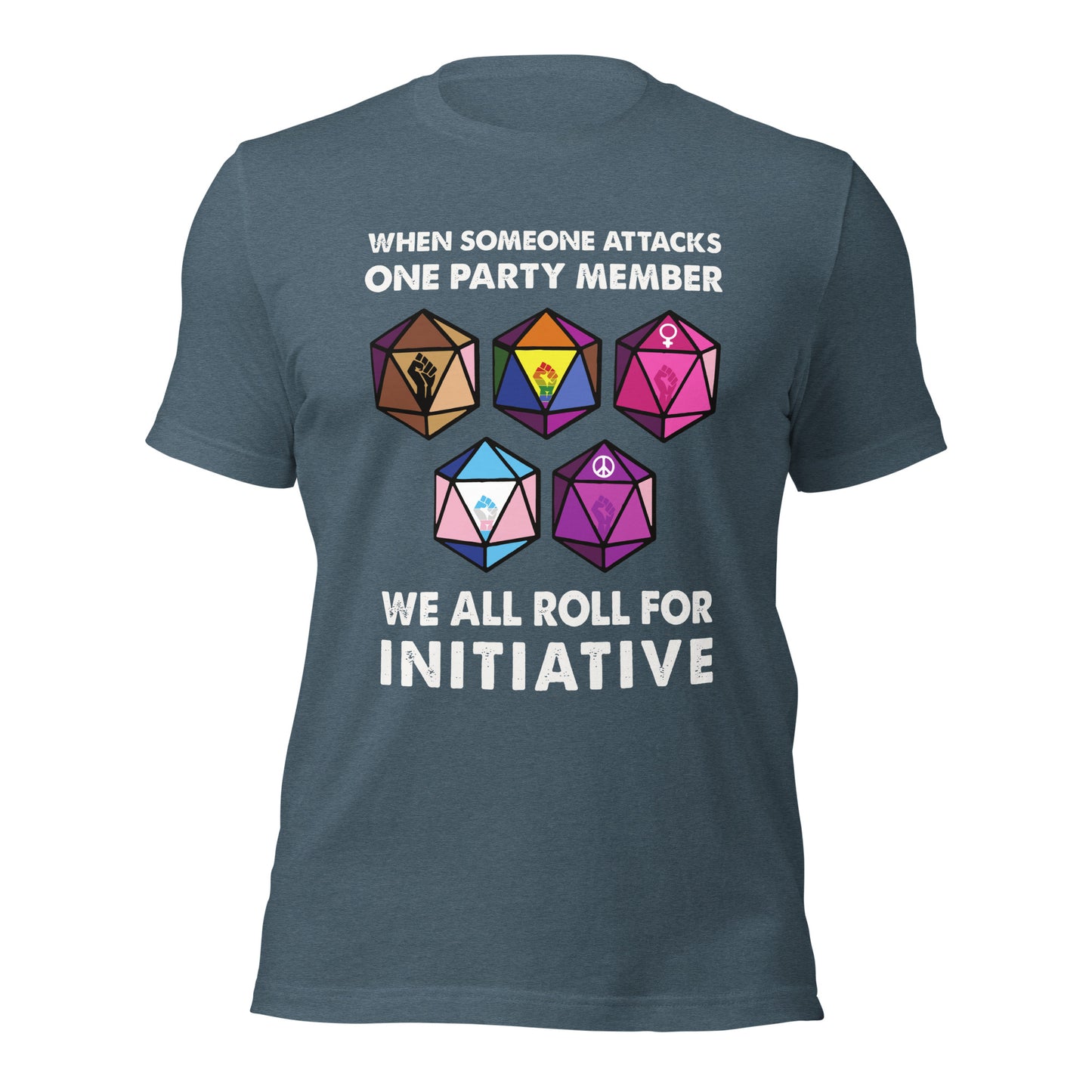 We All Roll for Initiative - Inclusive D20 Unisex T-Shirt | RPG & Tabletop Pride